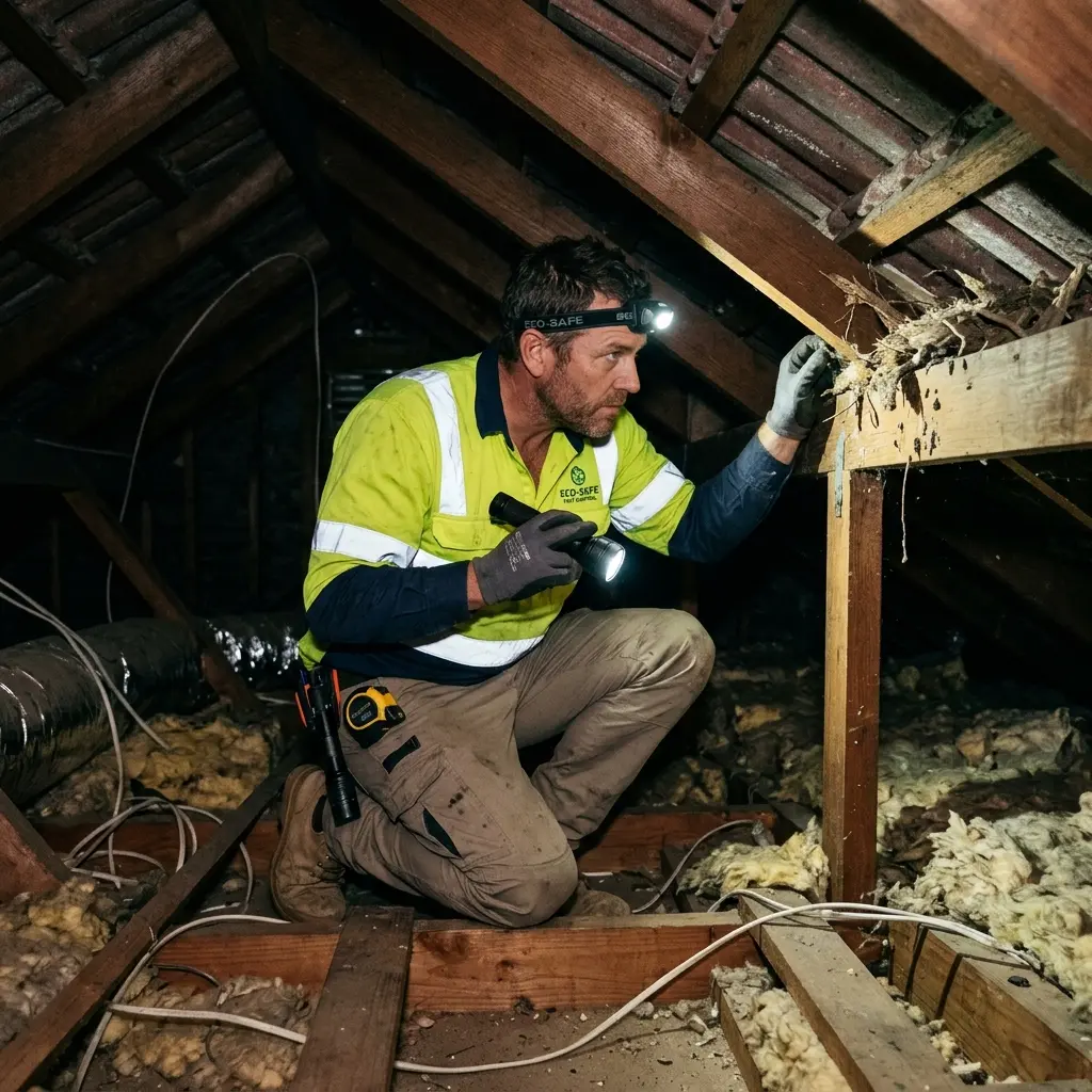 Technician inspecting a roof cavity for a dead animal in Essendon North